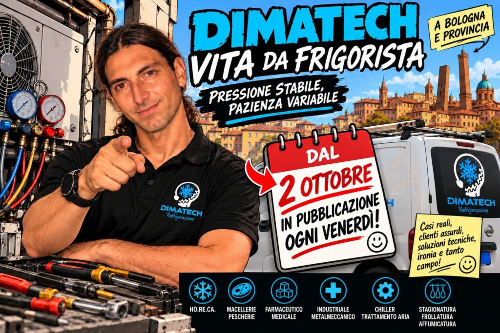 Locandina DIMATECH Vita da frigorista, serie a fumetti sulla refrigerazione a Bologna, dal 2 ottobre 2026.